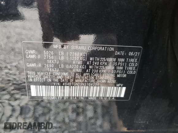 ✅ 2022 Subaru Outback Limited XT • VIN: 4S4BTGND9N3104394 • Лот: 91913185. Опубликован ранее на Copart с пробегом 21 963 миль. Бесплатный доступ к архиву аукционных продаж из США и подробный отчёт об истории автомобиля на DreamBid. Изображение 13.