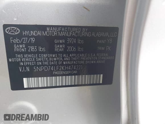 ✅ 2019 Hyundai Elantra SE • VIN: 5NPD74LF2KH474221 • Lot: 42503083. Listed on IAAI with 134,271 mi. Free auction sales archive from the USA and detailed vehicle history report at DreamBid. Image 9.