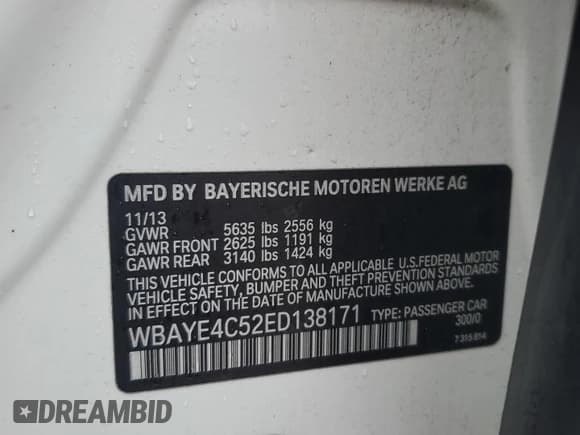 ✅ 2014 BMW 7 Series 740Li • VIN: WBAYE4C52ED138171 • Lot: 86481485. Listed on Copart with Not provided. Free auction sales archive from the USA and detailed vehicle history report at DreamBid. Image 12.