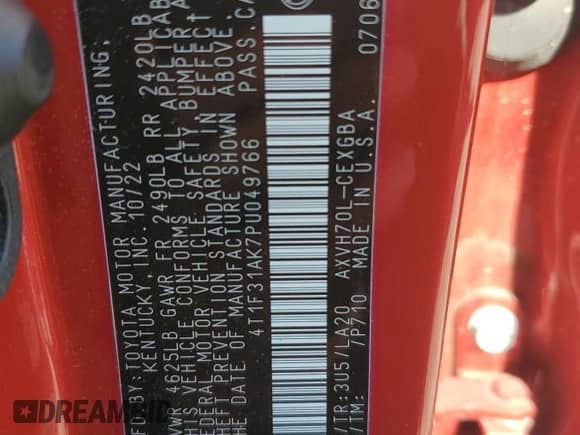 2023 Toyota Camry Hybrid XLE with VIN 4T1F31AK7PU049766, listed as a Copart auction lot 70182765 with 45,468 mi miles and Salvage title. Bid and sale history available at DreamBid. Image 12.