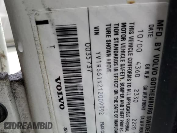 ✅ 2001 Volvo S60 • VIN: YV1RS61N212009992 • Lot: 43436545. Listed on Copart with 176,333 mi. Free auction sales archive from the USA and detailed vehicle history report at DreamBid. Image 12.