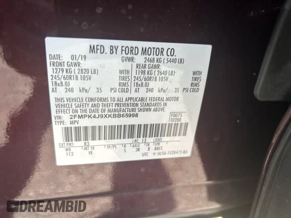 ✅ 2019 Ford Edge SEL • VIN: 2FMPK4J9XKBB65998 • Лот: 93460605. Опубликован ранее на Copart с пробегом 77 353 миль. Бесплатный доступ к архиву аукционных продаж из США и подробный отчёт об истории автомобиля на DreamBid. Изображение 10.