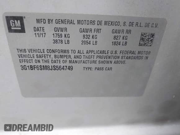 2018 Chevrolet Cruze Premier z VIN 3G1BF6SM8JS564749, wystawiony jako IAAI lot #43270687 z przebiegiem 175 318 mil mil oraz . Historia ofert i sprzedaży dostępna na DreamBid. Obrazek 9.