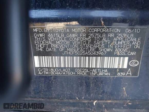 ✅ 2010 Lexus IS 250 • VIN: JTHCF5C25A5043967 • Лот: 43817184. Опубликован ранее на IAAI с пробегом 205 595 миль. Бесплатный доступ к архиву аукционных продаж из США и подробный отчёт об истории автомобиля на DreamBid. Изображение 9.