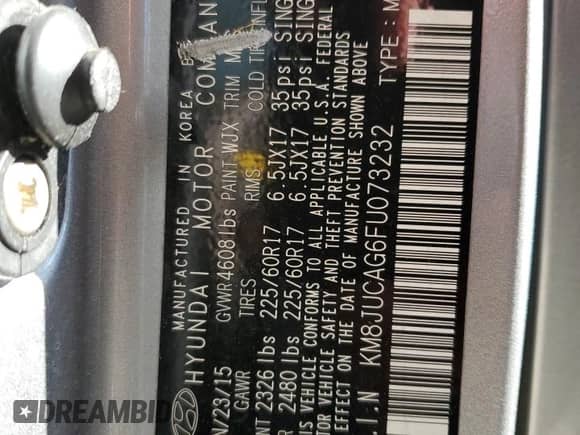 2015 Hyundai Tucson SE z VIN KM8JUCAG6FU073232, wystawiony jako Copart lot #69346454 z przebiegiem 149 216 mil mil oraz Nie do naprawy • Non repairable. Historia ofert i sprzedaży dostępna na DreamBid. Obrazek 14.