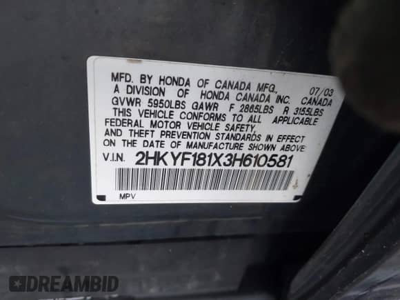 2003 Honda Pilot LX with VIN 2HKYF181X3H610581, listed as a IAAI auction lot 41743077 with 212,207 mi miles and . Bid and sale history available at DreamBid. Image 9.