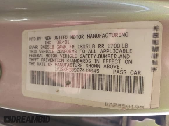 ✅ 2002 Chevrolet Prizm • VIN: 1Y1SK52892Z413645 • Lot: 41710314. Listed on IAAI with Not provided. Free auction sales archive from the USA and detailed vehicle history report at DreamBid. Image 9.