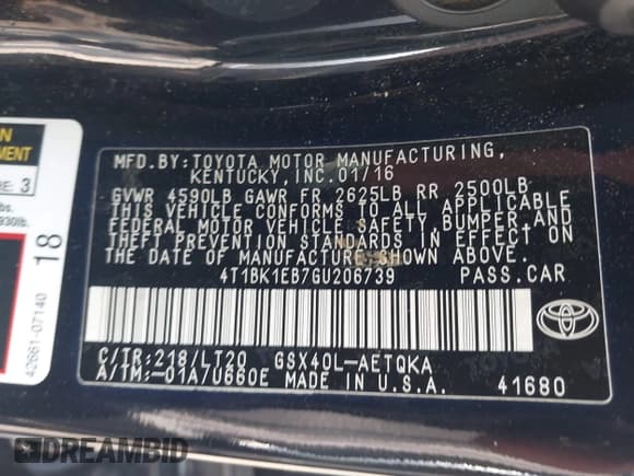 ✅ 2016 Toyota Avalon Limited • VIN: 4T1BK1EB7GU206739 • Lot: 42267483. Listed on IAAI with 131,930 mi. Free auction sales archive from the USA and detailed vehicle history report at DreamBid. Image 9.