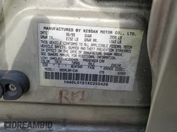 ✅ 1999 Nissan Altima XE • VIN: 1N4DL01D1XC255426 • Lot: 82110845. Listed on Copart with 138,601 mi. Free auction sales archive from the USA and detailed vehicle history report at DreamBid. Image 13.