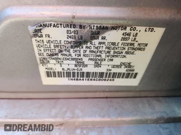 ✅ 2004 Nissan Maxima SE • VIN: 1N4BA41E64C809245 • Lot: 84568195. Listed on Copart with 190,732 mi. Free auction sales archive from the USA and detailed vehicle history report at DreamBid. Image 12.