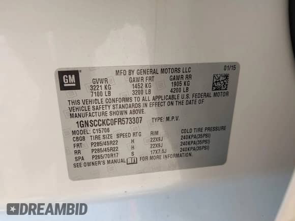 2015 Chevrolet Tahoe LTZ с VIN 1GNSCCKC0FR573307, выставлен на аукционе IAAI как лот 43094498 с пробегом 170 852 миль миль и . История ставок и продаж доступна на DreamBid. Изображение 9.