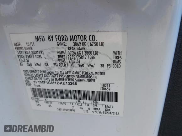 ✅ 2011 Ford F-150 XL • VIN: 1FTMF1CM1BKE13265 • Lot: 41973290. Listed on IAAI with 246,958 mi. Free auction sales archive from the USA and detailed vehicle history report at DreamBid. Image 9.