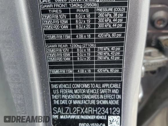 ✅ 2024 Land Rover Range Rover Evoque Dynamic SE • VIN: SALZL2FX4RH234129 • Лот: 55977595. Опубликован ранее на Copart с пробегом 10 106 миль. Бесплатный доступ к архиву аукционных продаж из США и подробный отчёт об истории автомобиля на DreamBid. Изображение 13.