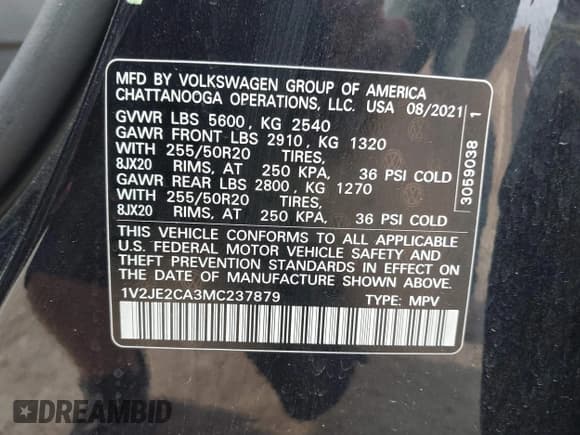 ✅ 2021 Volkswagen Atlas SE • VIN: 1V2JE2CA3MC237879 • Lot: 43521903. Listed on IAAI with 63,970 mi. Free auction sales archive from the USA and detailed vehicle history report at DreamBid. Image 9.
