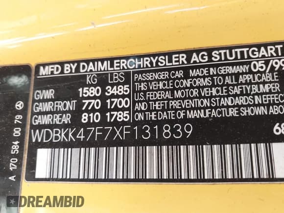 ✅ 1999 Mercedes-Benz SLK 230/320 • VIN: WDBKK47F7XF131839 • Lot: 42648299. Wystawiony na IAAI z przebiegiem 124 630 mil. Bezpłatny archiwum sprzedaży aukcyjnych z USA i szczegółowy raport historii pojazdu na DreamBid. Zdjęcie 9.