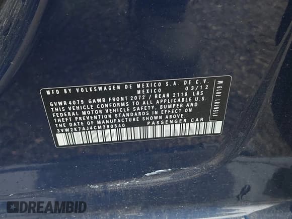 ✅ 2012 Volkswagen Jetta S • VIN: 3VW2K7AJ4CM390540 • Lot: 42942844. Listed on IAAI with 188,372 mi. Free auction sales archive from the USA and detailed vehicle history report at DreamBid. Image 9.