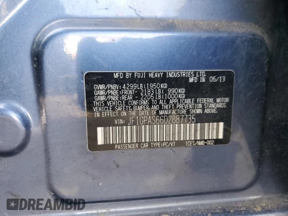 ✅ 2013 Subaru Impreza Special Sports Limited • VIN: JF1GPAS66D2887735 • Lot: 92373315. Listed on Copart with 220,673 mi. Free auction sales archive from the USA and detailed vehicle history report at DreamBid. Image 13.