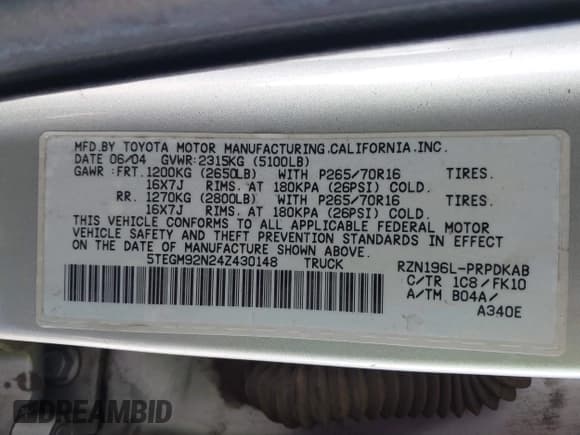 ✅ 2004 Toyota Tacoma PreRunner • VIN: 5TEGM92N24Z430148 • Лот: 41949263. Опубликован ранее на IAAI с пробегом 262 183 миль. Бесплатный доступ к архиву аукционных продаж из США и подробный отчёт об истории автомобиля на DreamBid. Изображение 9.
