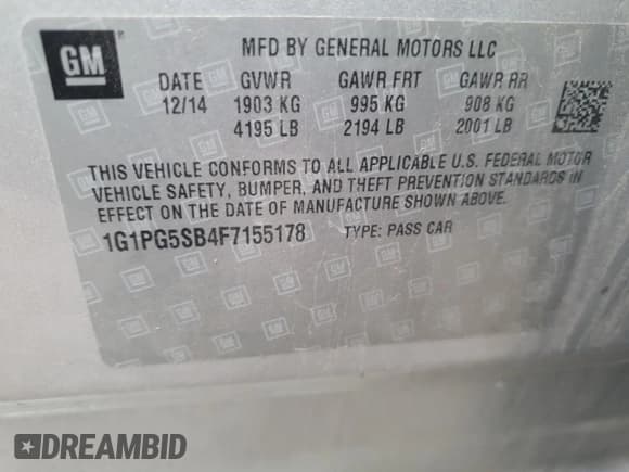 ✅ 2015 Chevrolet Cruze LTZ • VIN: 1G1PG5SB4F7155178 • Lot: 86479395. Listed on Copart with Not provided. Free auction sales archive from the USA and detailed vehicle history report at DreamBid. Image 12.