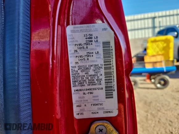 ✅ 1995 Nissan Frontier • VIN: 1N6SD11S4SC337210 • Lot: 94832575. Listed on Copart with 109,790 mi. Free auction sales archive from the USA and detailed vehicle history report at DreamBid. Image 12.