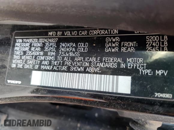 ✅ 2013 Volvo XC60 3.2L • VIN: YV4952DL0D2424827 • Lot: 52321845. Listed on Copart with 135,337 mi. Free auction sales archive from the USA and detailed vehicle history report at DreamBid. Image 13.