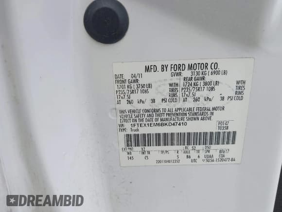 ✅ 2011 Ford F-150 XL • VIN: 1FTEX1EM6BKD47410 • Lot: 41575535. Listed on IAAI with 372,634 mi. Free auction sales archive from the USA and detailed vehicle history report at DreamBid. Image 8.