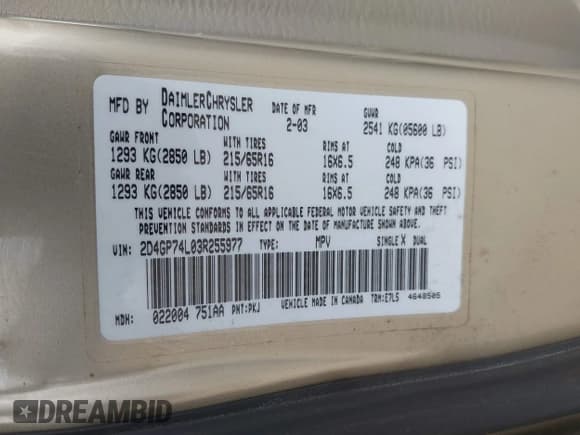 ✅ 2003 Dodge Caravan EX • VIN: 2D4GP74L03R255977 • Lot: 42417118. Listed on IAAI with 271,765 mi. Free auction sales archive from the USA and detailed vehicle history report at DreamBid. Image 9.