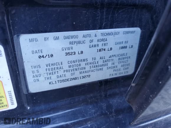 ✅ 2010 Chevrolet Aveo 1LT • VIN: KL1TD5DE2AB113272 • Lot: 42394965. Wystawiony na Copart z przebiegiem 113 106 mil. Bezpłatny archiwum sprzedaży aukcyjnych z USA i szczegółowy raport historii pojazdu na DreamBid. Zdjęcie 12.