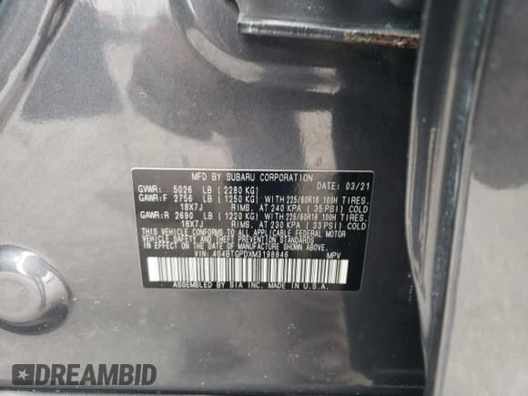 ✅ 2021 Subaru Outback Touring XT • VIN: 4S4BTGPDXM3198846 • Lot: 68018655. Listed on Copart with 79,660 mi. Free auction sales archive from the USA and detailed vehicle history report at DreamBid. Image 13.