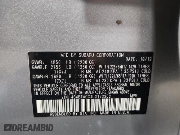 ✅ 2020 Subaru Outback Premium • VIN: 4S4BTACC1L3123302 • Lot: 68337265. Wystawiony na Copart z przebiegiem 122 319 mil. Bezpłatny archiwum sprzedaży aukcyjnych z USA i szczegółowy raport historii pojazdu na DreamBid. Zdjęcie 13.