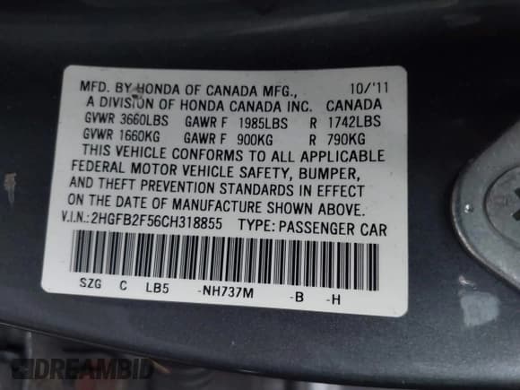 ✅ 2012 Honda Civic LX • VIN: 2HGFB2F56CH318855 • Лот: 43668317. Опубликован ранее на IAAI с пробегом 282 483 миль. Бесплатный доступ к архиву аукционных продаж из США и подробный отчёт об истории автомобиля на DreamBid. Изображение 9.