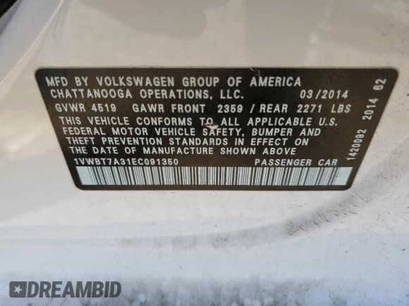 ✅ 2014 Volkswagen Passat SE • VIN: 1VWBT7A31EC091350 • Lot: 91432575. Listed on Copart with 133,738 mi. Free auction sales archive from the USA and detailed vehicle history report at DreamBid. Image 12.