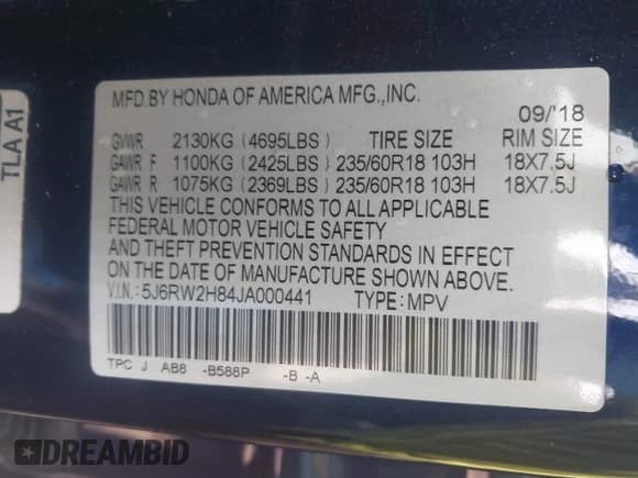 ✅ 2018 Honda CR-V EX-L • VIN: 5J6RW2H84JA000441 • Lot: 43729670. Listed on IAAI with 130,809 mi. Free auction sales archive from the USA and detailed vehicle history report at DreamBid. Image 9.