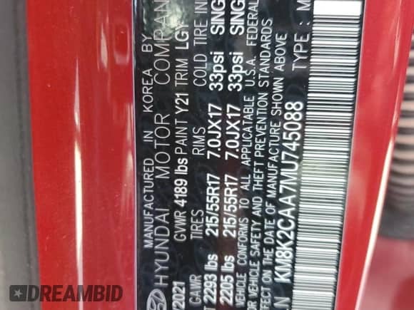 2021 Hyundai Kona SEL z VIN KM8K2CAA7MU745088, wystawiony jako Copart lot #66326275 z przebiegiem 65 392 mil mil oraz Szkoda całkowita • Salvage title. Historia ofert i sprzedaży dostępna na DreamBid. Obrazek 13.