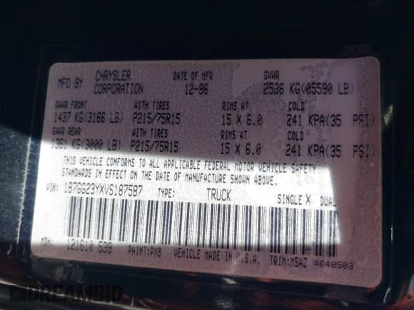 1997 Dodge Dakota with VIN 1B7GG23YXVS187587, listed as a IAAI auction lot 42598352 with 180,375 mi miles and . Bid and sale history available at DreamBid. Image 9.