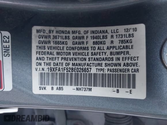 ✅ 2011 Honda Civic LX • VIN: 19XFA1F52BE026657 • Lot: 43669177. Listed on IAAI with 320,720 mi. Free auction sales archive from the USA and detailed vehicle history report at DreamBid. Image 9.