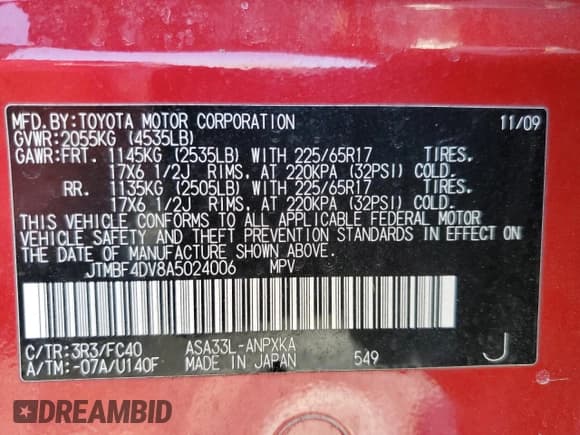 ✅ 2010 Toyota RAV4 • VIN: JTMBF4DV8A5024006 • Lot: 45143405. Listed on Copart with 141,442 mi. Free auction sales archive from the USA and detailed vehicle history report at DreamBid. Image 13.