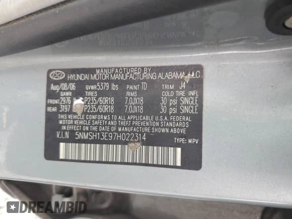 2007 Hyundai Santa Fe SE с VIN 5NMSH13E97H022314, выставлен на аукционе Copart как лот 71177914 с пробегом 249 022 миль миль и Списание • Salvage title. История ставок и продаж доступна на DreamBid. Изображение 13.