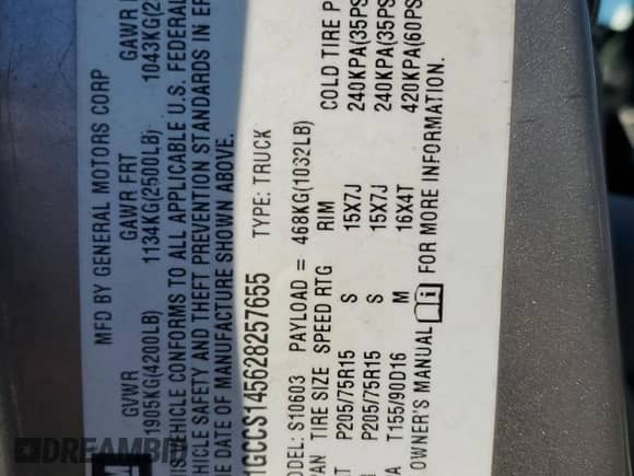 2002 Chevrolet S-10 LS с VIN 1GCCS145628257655, выставлен на аукционе Copart как лот 76346974 с пробегом 270 231 миль миль и Списание • Salvage title. История ставок и продаж доступна на DreamBid. Изображение 12.