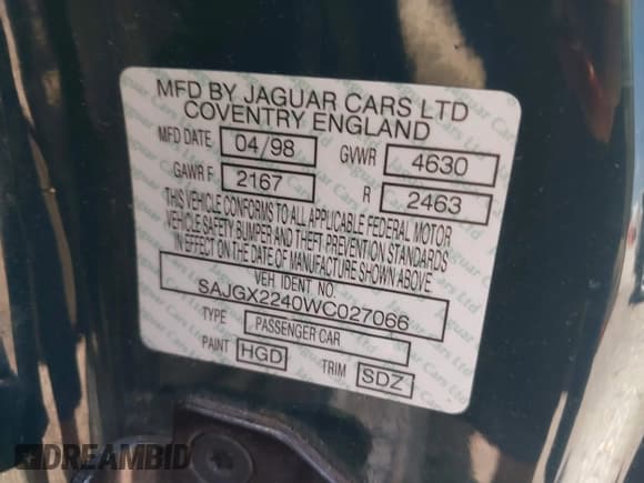 ✅ 1998 Jaguar XK • VIN: SAJGX2240WC027066 • Lot: 42754641. Listed on IAAI with 111,533 mi. Free auction sales archive from the USA and detailed vehicle history report at DreamBid. Image 9.