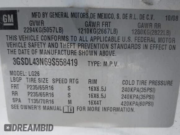 ✅ 2009 Saturn VUE XE • VIN: 3GSDL43N69S558419 • Lot: 41308272. Listed on IAAI with 181,678 mi. Free auction sales archive from the USA and detailed vehicle history report at DreamBid. Image 9.