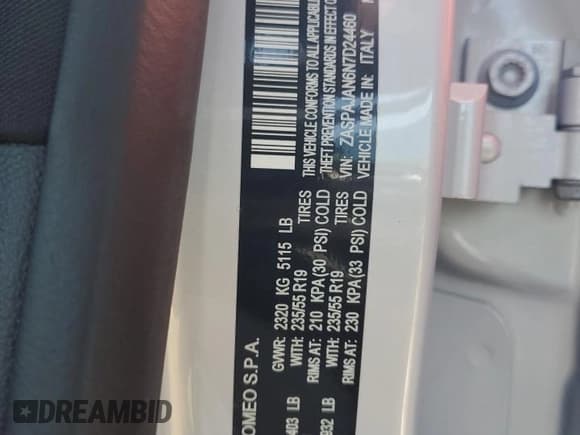 ✅ 2022 Alfa Romeo Stelvio Sprint • VIN: ZASPAJAN6N7D24460 • Lot: 67351175. Listed on Copart with 37,777 mi. Free auction sales archive from the USA and detailed vehicle history report at DreamBid. Image 13.