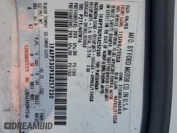 ✅ 2003 Ford Taurus SE Standard • VIN: 1FAFP53U93A257230 • Лот: 85432515. Опубликован ранее на Copart с пробегом 162 028 миль. Бесплатный доступ к архиву аукционных продаж из США и подробный отчёт об истории автомобиля на DreamBid. Изображение 12.