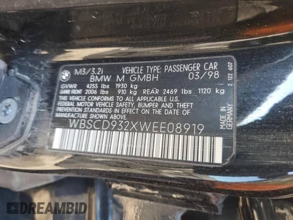 1998 BMW 3 Series M3s with VIN WBSCD932XWEE08919, listed as a Copart auction lot 84434704 with Not provided miles and Salvage title. Bid and sale history available at DreamBid. Image 12.