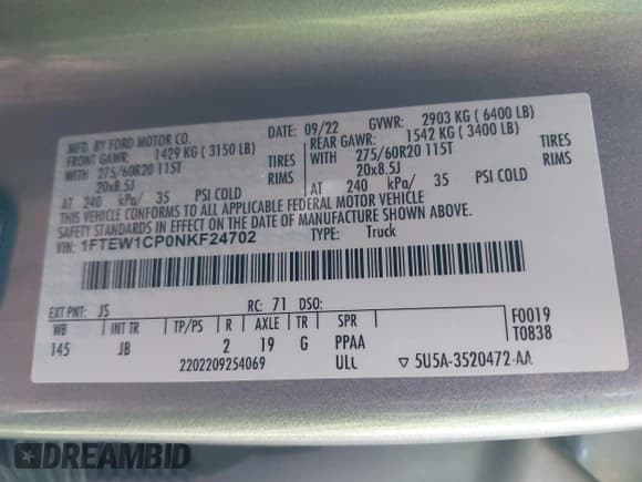 ✅ 2022 Ford F-150 XL • VIN: 1FTEW1CP0NKF24702 • Lot: 43434330. Listed on IAAI with 47,706 mi. Free auction sales archive from the USA and detailed vehicle history report at DreamBid. Image 9.