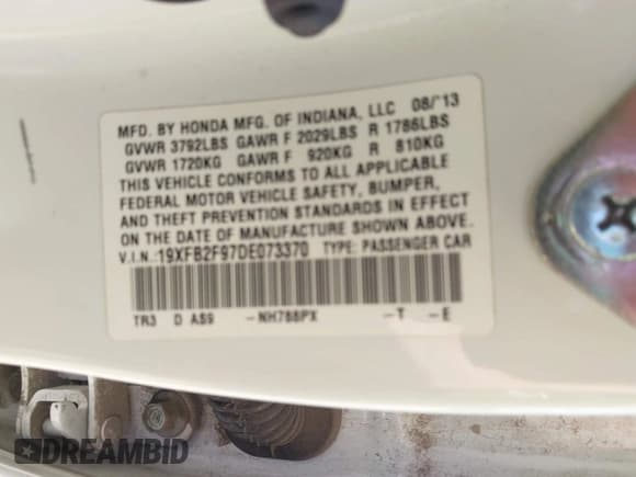 ✅ 2013 Honda Civic EX-L • VIN: 19XFB2F97DE073370 • Lot: 43347531. Listed on IAAI with 185,546 mi. Free auction sales archive from the USA and detailed vehicle history report at DreamBid. Image 9.