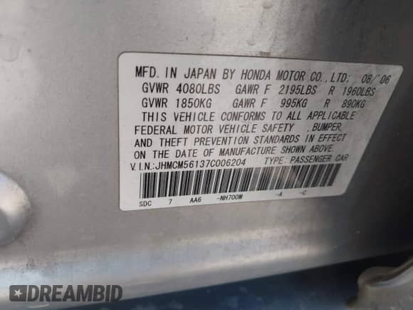 2007 Honda Accord VP with VIN JHMCM56137C006204, listed as a IAAI auction lot 43105342 with 277,322 mi miles and . Bid and sale history available at DreamBid. Image 9.