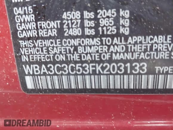 ✅ 2015 BMW 3 Series 320i xDrive • VIN: WBA3C3C53FK203133 • Lot: 42835207. Listed on IAAI with 108,196 mi. Free auction sales archive from the USA and detailed vehicle history report at DreamBid. Image 9.