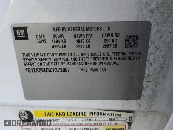 ✅ 2012 Chevrolet Malibu 1FL • VIN: 1G1ZA5EU3CF372097 • Lot: 74331344. Listed on Copart with 116,122 mi. Free auction sales archive from the USA and detailed vehicle history report at DreamBid. Image 12.