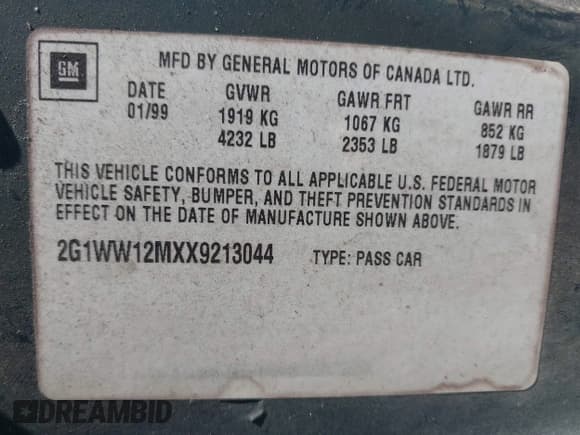 ✅ 1999 Chevrolet Monte Carlo LS • VIN: 2G1WW12MXX9213044 • Lot: 43197673. Listed on IAAI with 190,387 mi. Free auction sales archive from the USA and detailed vehicle history report at DreamBid. Image 9.